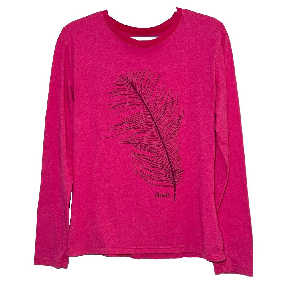 Oiselle Women’s Medium Long Sleeve Running Shirt Pink Feather Graphic Athletic
